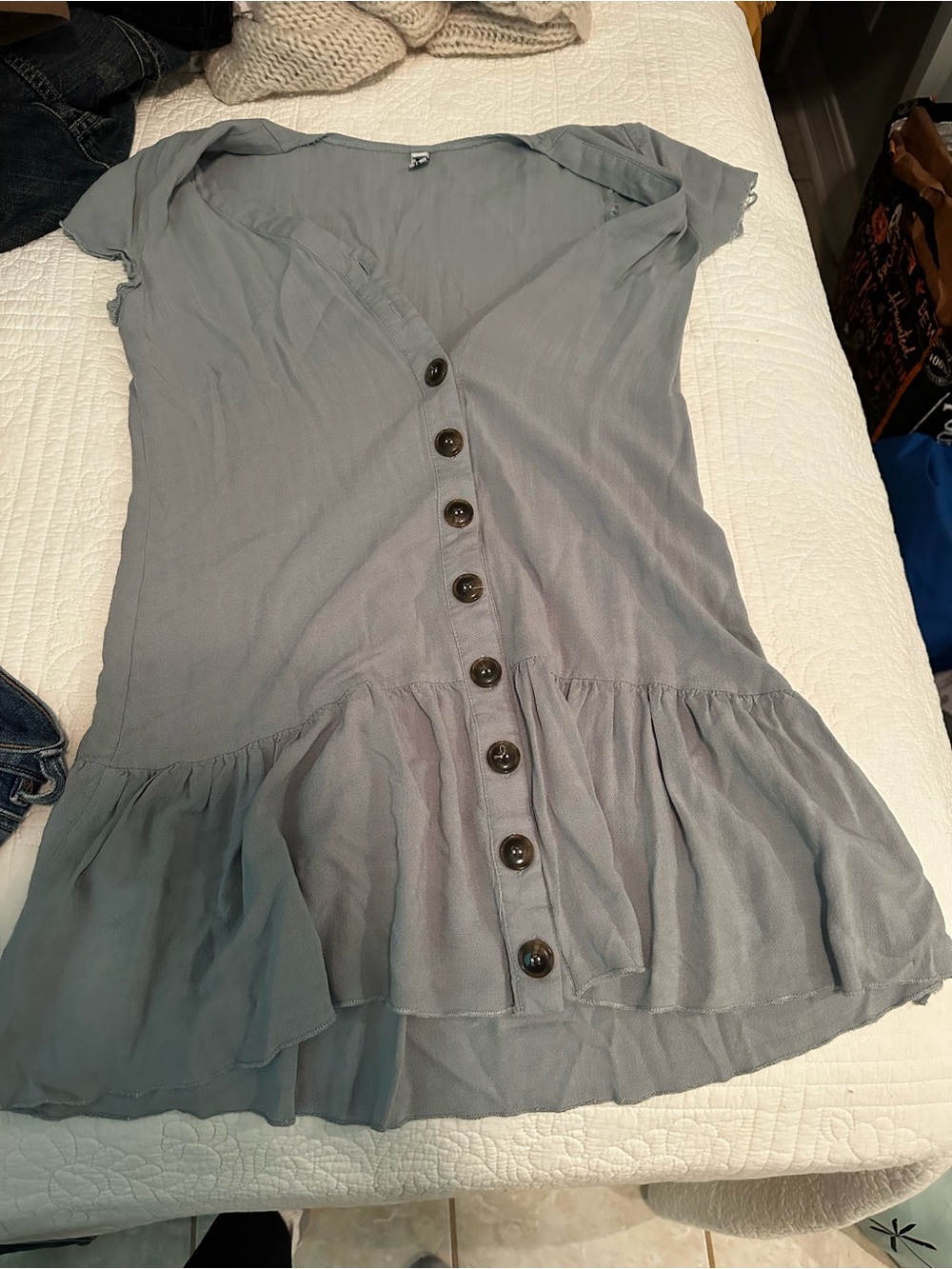 Women's Dusty Blue Button-Front Peplum Tunic